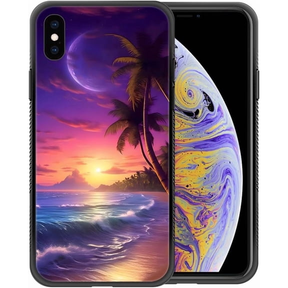 Compatible with iPhone XR Case,Pattern Design Hard PC Back Cover Non-Slip Soft TPU Protective Case for iPhone XR for Women 6.1inch-Beach Palm Leaf Vacation