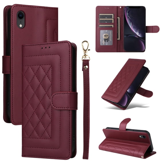 Compatible with iPhone XR Case, Premium Leather iPhone XR Wallet Book Case Magnetic Flip RFID Blocking Credit Card Holder Kickstand with Wrist Strap Shock Absorbing Case, Winered