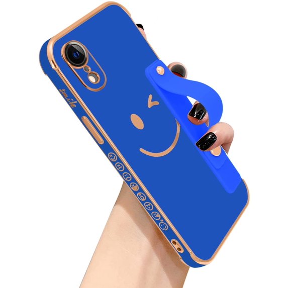 Compatible with iPhone XR Case with Smiley Face Pattern,Soft TPU Cute Plating Wristband Holder Case Camera Lens Protection Side Small Pattern Shockproof Wrist Strap Case Women Girls-Klein Blue