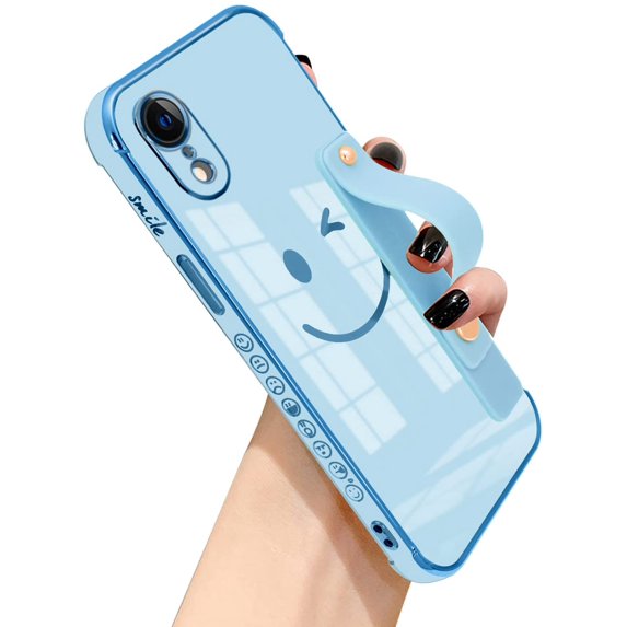 Compatible with iPhone XR Case with Smiley Face Pattern,Soft TPU Cute Plating Wristband Holder Case Camera Lens Protection Side Small Pattern Shockproof Wrist Strap Case Women Girls-Sky Blue