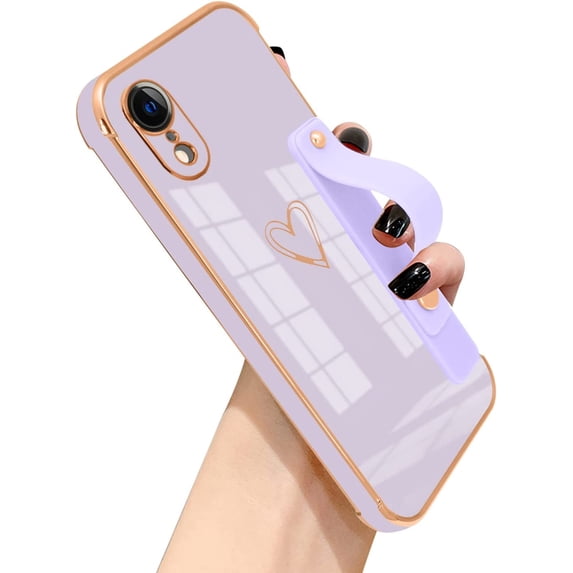 Compatible with iPhone XR Case Thin for Women Girls,Soft TPU Plating Bumper Wristband Holder Bling Phone Case Slim Anti-Scratch Shockproof Love Heart Cute Case Cover(Elegant Purple)
