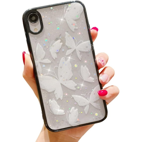 Compatible with iPhone XR Case for Women Girls,Cute White Butterfly Soft Slim Fit Full-Around Protective Clear Sparkly Bling Star Phone Case Glitter Cover for iPhone XR- Black