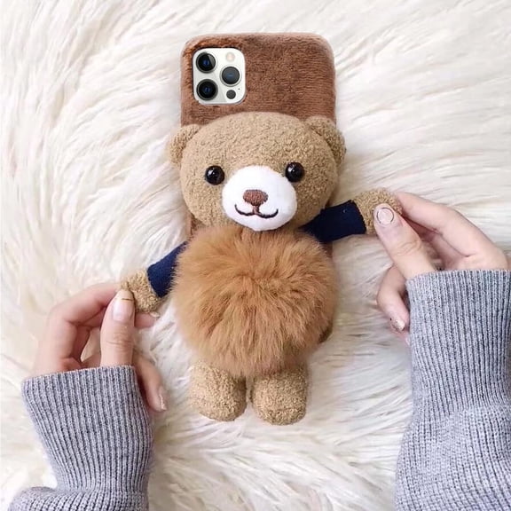 Compatible with iPhone XR Cute Case Lovely Plush Furry Cartoon 3D Bear Kickstand for Women and Girls Case Soft TPU Shockproof Protective Cover for iPhone XR, Brown