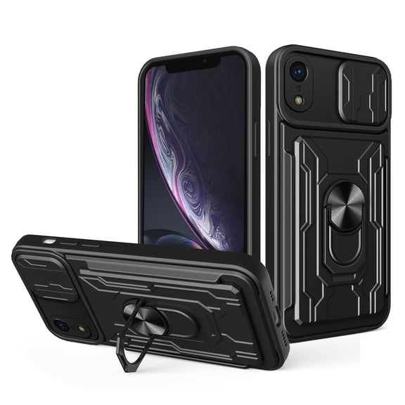 Compatible for iPhone XR Hybrid Case with Camera Lens Slide Cover | Rotatable Ring Holder Kickstand | Impact-Resistant Car Mount Magnetic | Detachable Card Slot Protective Shell, Black