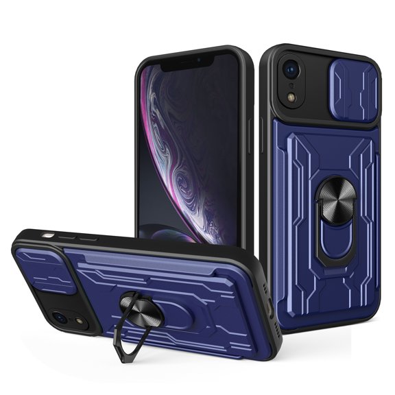 Compatible for iPhone XR Hybrid Case with Camera Lens Slide Cover | Rotatable Ring Holder Kickstand | Impact-Resistant Car Mount Magnetic | Detachable Card Slot Protective Shell, Blue