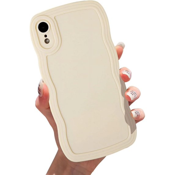Compatible with iPhone XR Solid Beige Color Case, Cute Aesthetic Curly Wave Frame Design, Slim Soft Full Camera Protection Phone Cover for Women Girls