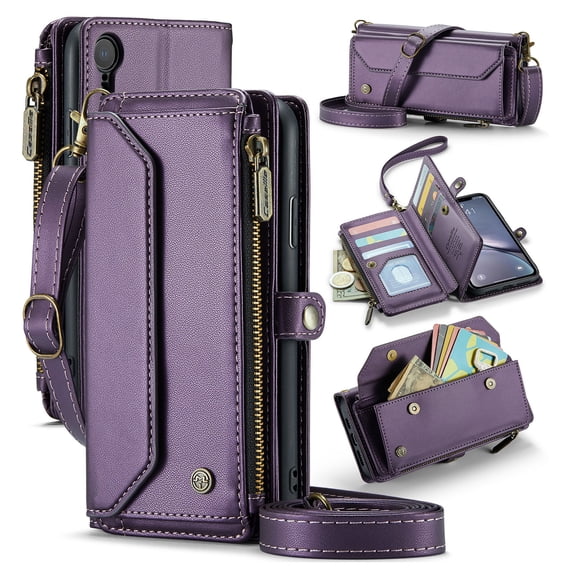 Compatible with iPhone XR Wallet Case, 10 Card Slots & 1 Zipper Coin Pocket & 1 Cash Slot & 1 Cash Pocket & Lanyard & Crossbody Strap & Kickstand & RFID Blocking Phone Case, Purple