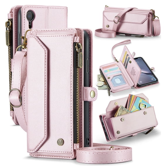 Compatible with iPhone XR Wallet Case, 10 Card Slots & 1 Zipper Coin Pocket & 1 Cash Slot & 1 Cash Pocket & Lanyard & Crossbody Strap & Kickstand & RFID Blocking Phone Case, Pink
