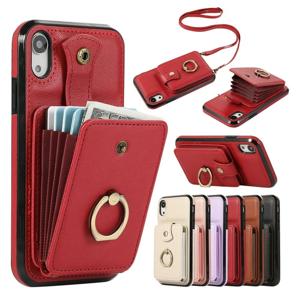 Compatible with iPhone XR Wallet Case, PU Leather Case with Card Holder, 360° Rotation Ring Kickstand, Shoulder Strap, Magnetic Snap Protective Case Designed for iPhone XR, Red