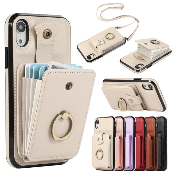 Compatible with iPhone XR Wallet Case, PU Leather Case with Card Holder, 360° Rotation Ring Kickstand, Shoulder Strap, Magnetic Snap Protective Case Designed for iPhone XR, Beige