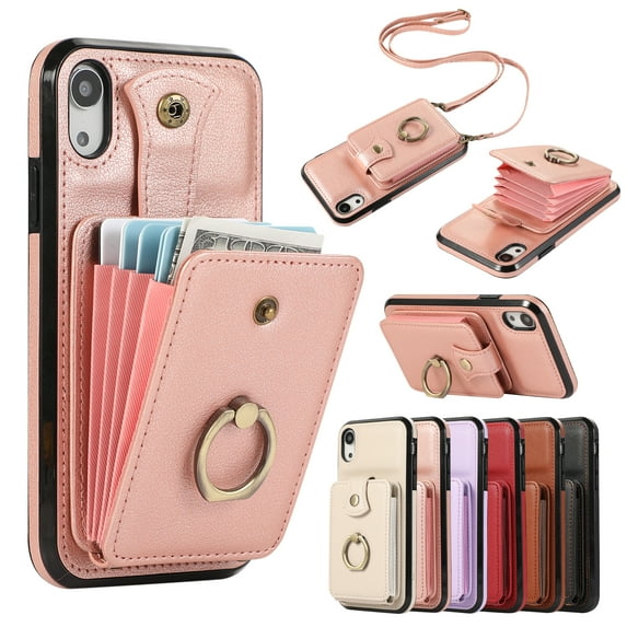 Compatible with iPhone XR Wallet Case, PU Leather Case with Card Holder, 360° Rotation Ring Kickstand, Shoulder Strap, Magnetic Snap Protective Case Designed for iPhone XR, Rosegold