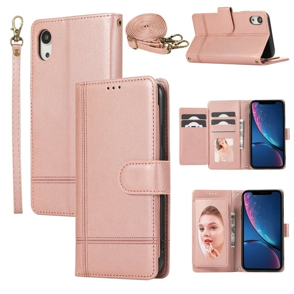 Compatible with iPhone XR Wallet Case, with Wrist Strap and Crossbody Strap, Make-up Mirror PU Leather Flip Credit Cell Cover Kickstand for iPhone XR Girls Women, Rosegold