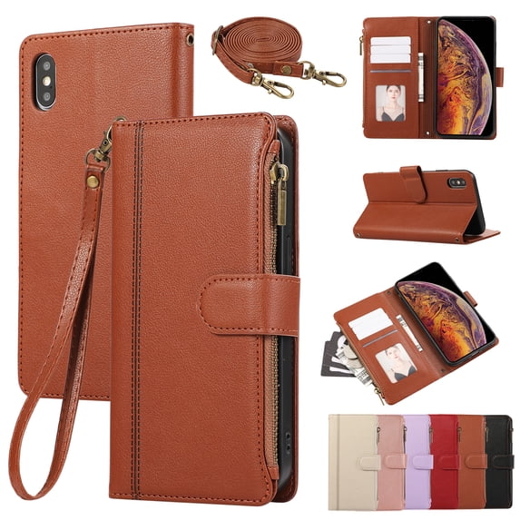 Compatible with iPhone XR Wallet Case and Wrist Strap Protector PU Leather Flip Credit Card Holder Purse Stand Cell Accessories Shockproof Phone Cover for Women Men,Brown