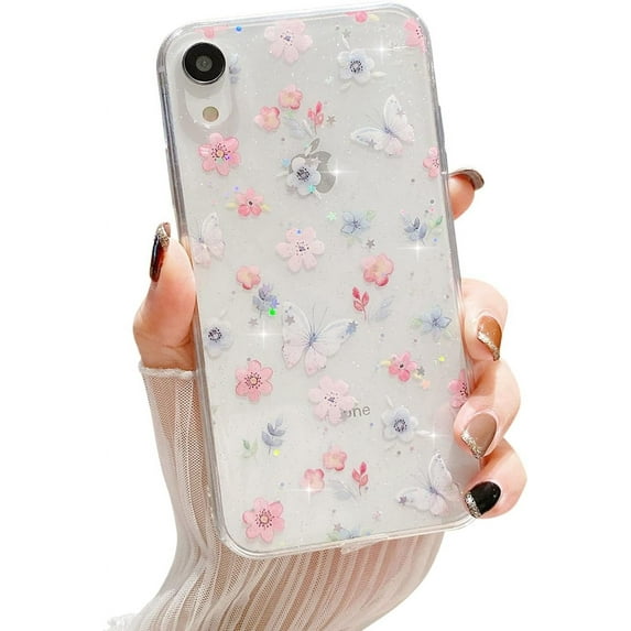 Compatible with iPhone XR for Women Girls,Cute Clear Sparkly Bling Star Flower Butterfly Pattern Phone Case Glitter Soft Slim Fit Protective Cover for iPhone XR 6.1"