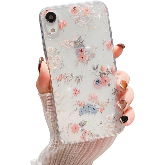 Compatible with iPhone XR for Women Girls,Cute Clear Sparkly Bling Star Flowers Pattern Phone Case Glitter Soft Slim Fit Protective Cover for iPhone XR 6.1"