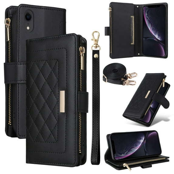Compatible with iPhone XR case Wallet Crossbody & Wrist Strap with Card Holder Phone case RFID Blocking PU Leather Magnetic Closure Flip Stand Zipper Purse Shockproof Cover,Black