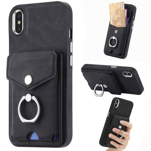 Compatible with iPhone XS Max Card Slot Back Case, 360 Degree Rotatable Ring Stand Plating Button PU Leather Support Magnetic Car Mount Phone Case Cover for iPhone XS Max, Black