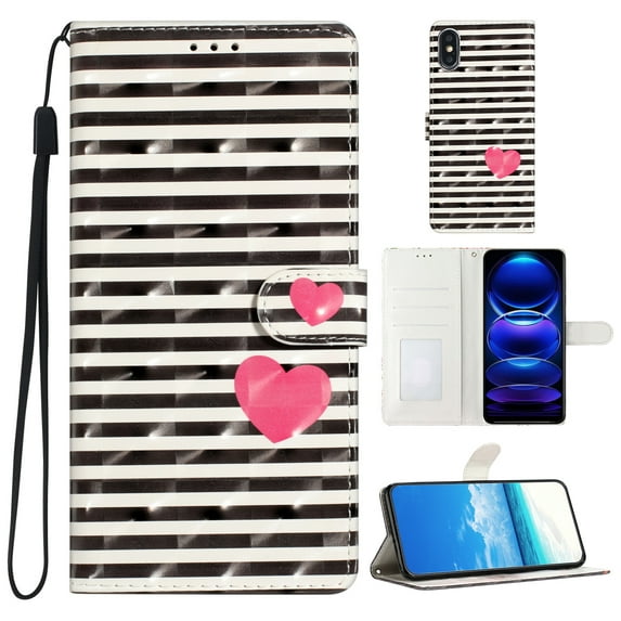 Compatible with iPhone XS Max Case, Colored Drawing Wallet Women Girls PU Leather Case with Card Slots/Cash Pocket Wrist Strap Magnetic Flip Stand Book Kickstand Cover, Striped Heart