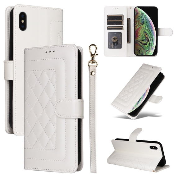 Compatible with iPhone XS Max Case, Premium Leather iPhone XS Max Wallet Book Case Magnetic Flip RFID Blocking Credit Card Holder Kickstand with Wrist Strap Shock Absorbing Case, White