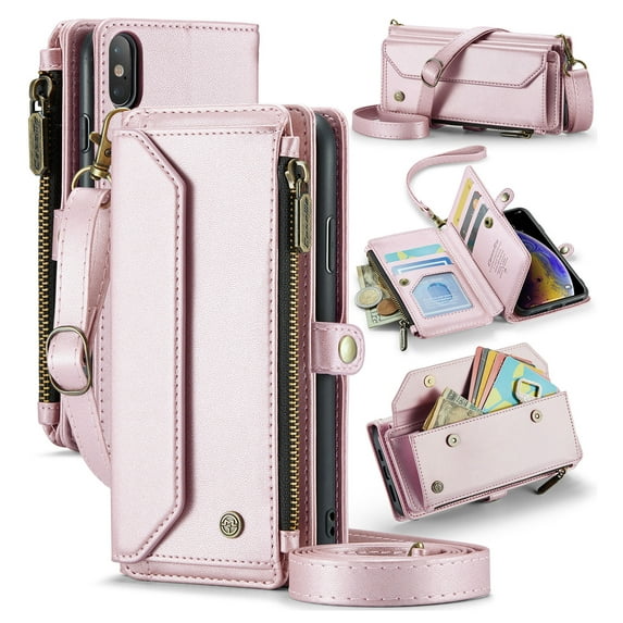 Compatible with iPhone XS Max Rugged PU Leather Wallet Case, Card Slots Zipper Pocket Lanyard Crossbody Strap Kickstand RFID Blocking Full Body Protection Cover for iPhone XS Max, Pink