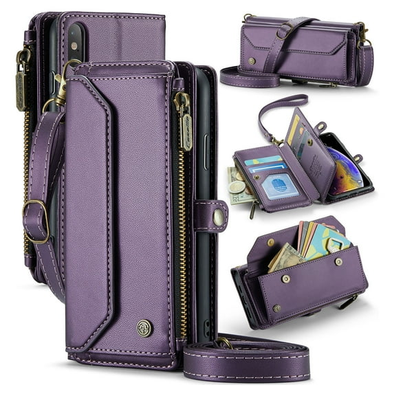 Compatible with iPhone XS Max Rugged PU Leather Wallet Case, Card Slots Zipper Pocket Lanyard Crossbody Strap Kickstand RFID Blocking Full Body Protection Cover for iPhone XS Max, Purple