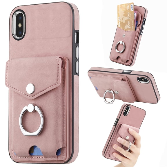 Compatible with iPhone XS/X Card Slot Back Case, 360 Degree Rotatable Ring Stand Plating Button PU Leather Support Magnetic Car Mount Phone Case Cover for iPhone XS/X, Pink