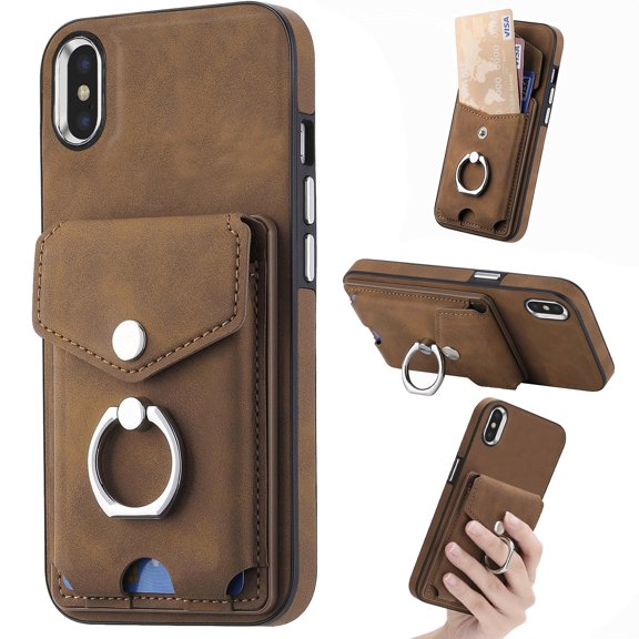 Compatible with iPhone XS/X Card Slot Back Case, 360 Degree Rotatable Ring Stand Plating Button PU Leather Support Magnetic Car Mount Phone Case Cover for iPhone XS/X, Brown