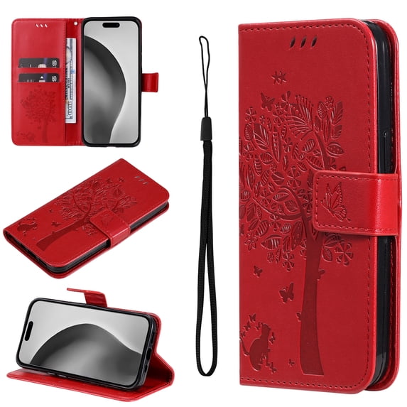 Compatible with iPhone XS / X Case Wallet Case with Kickstand Credit Card Holder Slots Cute Cat Butterfly & Tree Embossed Premium PU Leather Protective Phone Case with Wrist Strap,Red
