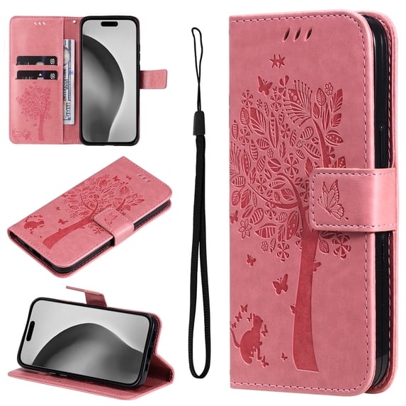 Compatible with iPhone XS / X Case Wallet Case with Kickstand Credit Card Holder Slots Cute Cat Butterfly & Tree Embossed Premium PU Leather Protective Phone Case with Wrist Strap,Pink