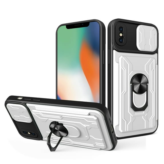 Compatible for iPhone XS / X Hybrid Case with Camera Lens Slide Cover | Rotatable Ring Holder Kickstand | Impact-Resistant Car Mount Magnetic | Detachable Card Slot Protective Shell, White