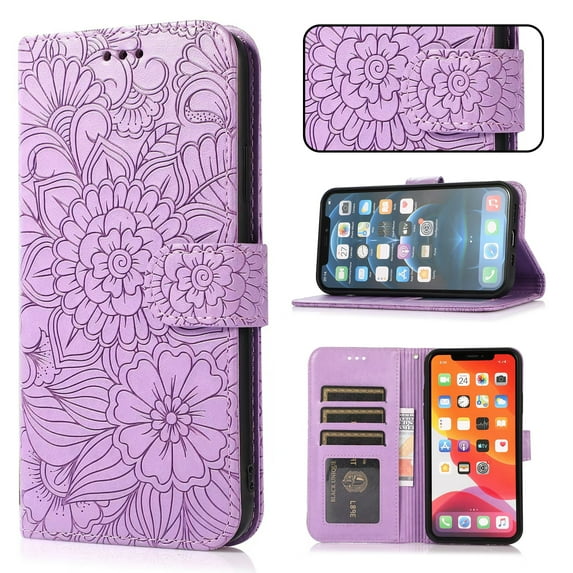 Compatible with iPhone XS/X Wallet Case,Flower Floral Embossed Luxury PU Leather with Credit Card Holder Slots Magnetic Closure Shockproof Protective Flip Case with Wrist Strap,Purple