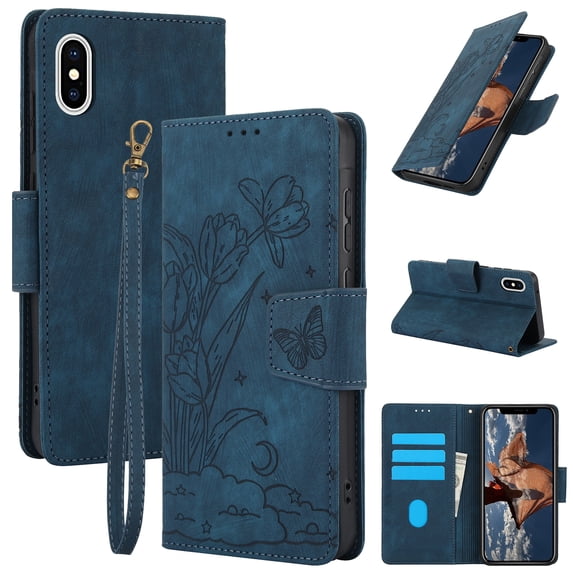 Compatible for iPhone XS/X Wallet Case,RFID Block Flip PU Leather Phone Cover with Wrist Supports Wireless Charging with Credit Card Holder Kickstand Heavy Duty Phone Cover,Blue