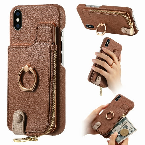 Compatible for iPhone XS / iPhone X Zipper Wallet Case with Card Holder, Rotation Ring Kickstand Case, PU Leather Card Slots RFID Blocking Protection Phone Case Shockproof Cover, Brown
