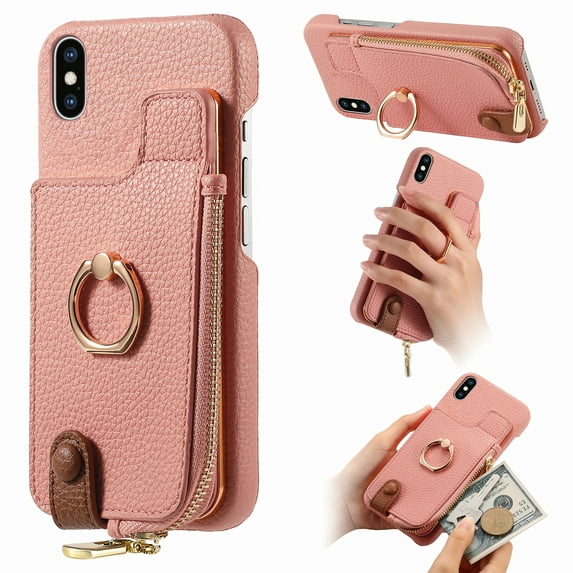 Compatible for iPhone XS / iPhone X Zipper Wallet Case with Card Holder, Rotation Ring Kickstand Case, PU Leather Card Slots RFID Blocking Protection Phone Case Shockproof Cover, Pink