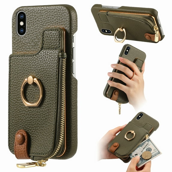 Compatible for iPhone XS / iPhone X Zipper Wallet Case with Card Holder, Rotation Ring Kickstand Case, PU Leather Card Slots RFID Blocking Protection Phone Case Shockproof Cover, Armygreen