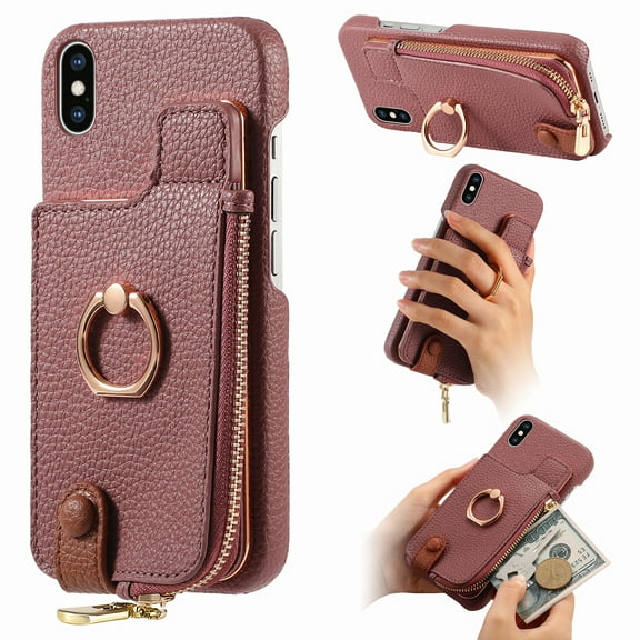 Compatible for iPhone XS / iPhone X Zipper Wallet Case with Card Holder, Rotation Ring Kickstand Case, PU Leather Card Slots RFID Blocking Protection Phone Case Shockproof Cover, Purple