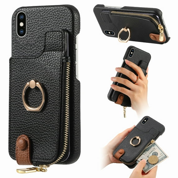 Compatible for iPhone XS / iPhone X Zipper Wallet Case with Card Holder, Rotation Ring Kickstand Case, PU Leather Card Slots RFID Blocking Protection Phone Case Shockproof Cover, Black