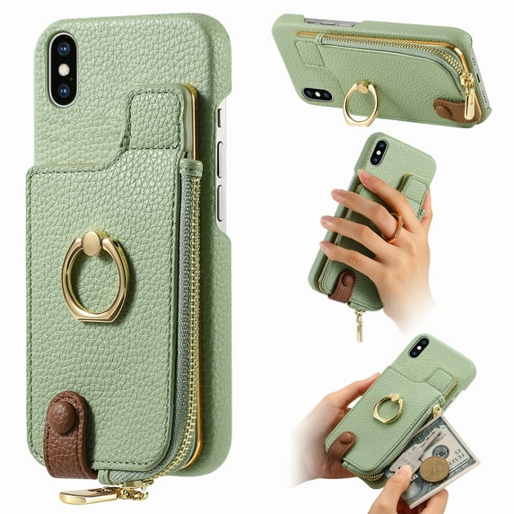 Compatible for iPhone XS / iPhone X Zipper Wallet Case with Card Holder, Rotation Ring Kickstand Case, PU Leather Card Slots RFID Blocking Protection Phone Case Shockproof Cover, Mint