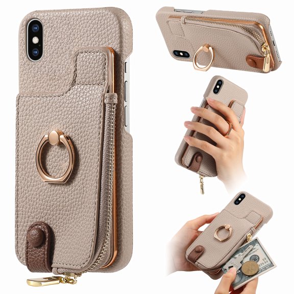 Compatible for iPhone XS / iPhone X Zipper Wallet Case with Card Holder, Rotation Ring Kickstand Case, PU Leather Card Slots RFID Blocking Protection Phone Case Shockproof Cover, Khaki
