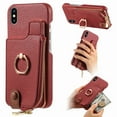 thumbnail image 1 of Compatible for iPhone XS / iPhone X Zipper Wallet Case with Card Holder, Rotation Ring Kickstand Case, PU Leather Card Slots RFID Blocking Protection Phone Case Shockproof Cover, Red, 1 of 10