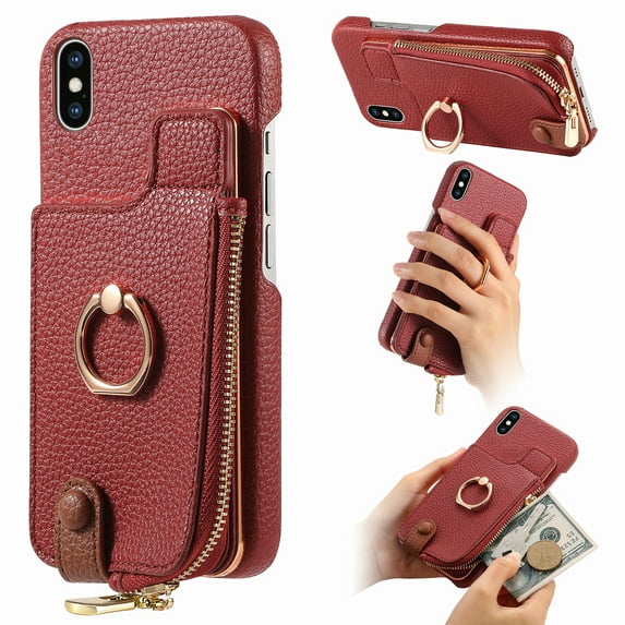 Compatible for iPhone XS / iPhone X Zipper Wallet Case with Card Holder, Rotation Ring Kickstand Case, PU Leather Card Slots RFID Blocking Protection Phone Case Shockproof Cover, Red