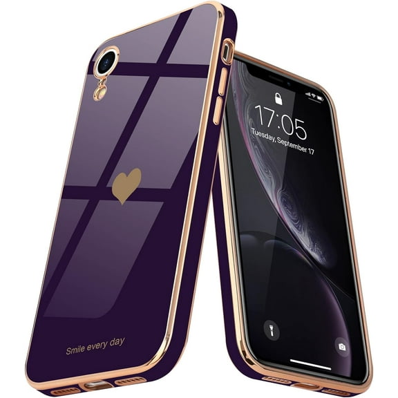 Compatible with iPhone Xr Case for Women Girl Cute Love-Heart Luxury Bling Plating Soft Back Cover Raised Full Camera Protection Bumper Silicone Shockproof Phone Case for iPhone Xr, Dark Purple