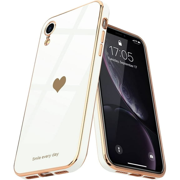 Compatible with iPhone Xr Case for Women Girl Cute Love-Heart Luxury Bling Plating Soft Back Cover Raised Full Camera Protection Bumper Silicone Shockproof Phone Case for iPhone Xr, White