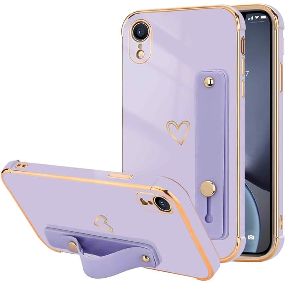 Compatible with iPhone Xr Case for Women Girls, Bling Luxury Plated Bumper with Cute Love-Heart Design, Adjustable Hand Strap Stand, Raised Edges Shockproof Protection for iPhone Xr - Purple
