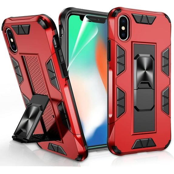 Compatible for iPhone Xs Case, iPhone X Case with HD Screen Protector 5.8 Inch, Military Grade Built-in Magnetic Kickstand Shockproof Protective Cover Case for iPhone X/Xs, Red