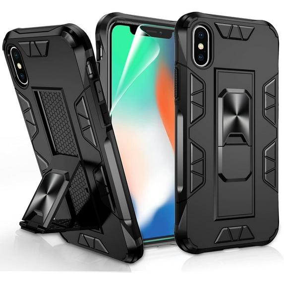 Compatible for iPhone Xs Case, iPhone X Case with HD Screen Protector 5.8 Inch, Military Grade Built-in Magnetic Kickstand Shockproof Protective Cover Case for iPhone X/Xs, Black