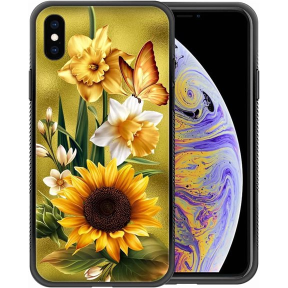 Compatible with iPhone Xs Max Case,Pattern Design Hard PC Back Cover Non-Slip Soft TPU Protective Case for iPhone Xs Max for Women 6.5inch-Butterfly Golden Sunflowers