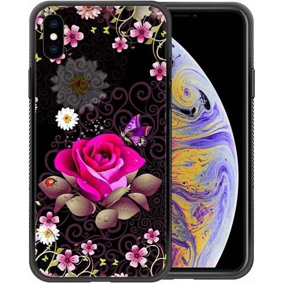 Compatible with iPhone Xs Max Case,Pattern Design Hard PC Back Cover Non-Slip Soft TPU Protective Case for iPhone Xs Max for Women 6.5inch-Pink Rose Purple Butterfly