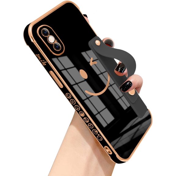 Compatible with iPhone Xs Max Case for Women Girls,TPU Cute Plating Smiley Face Pattern Wristband Holder Case Camera Lens Protection Side Small Pattern Shockproof Wrist Strap Case-White