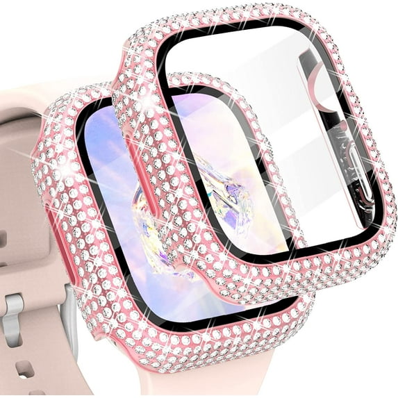 Compatible with iWatch Accessories with Built-in Tempered Glass Screen Protector Bling Crystal Diamond Rhinestone Full Protective Bumper Cover for Women Man(44mm,Pink)